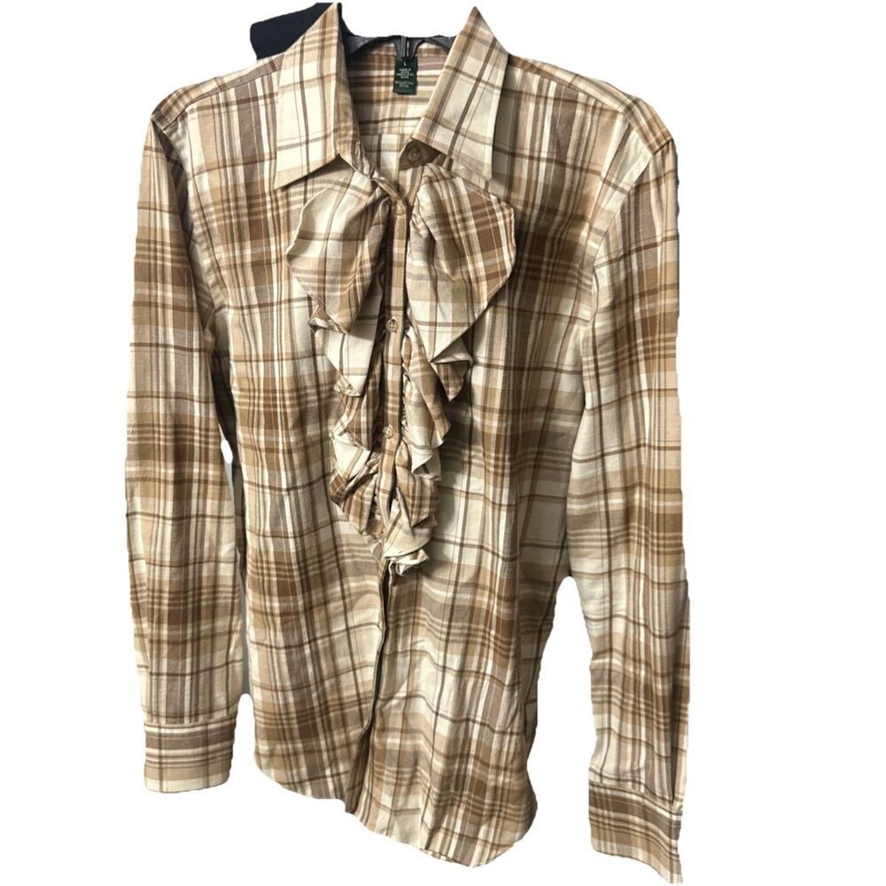Polo Raph Lauren Flannel Plaid Ruffle Placket Button Down Shirt Size LARGE
